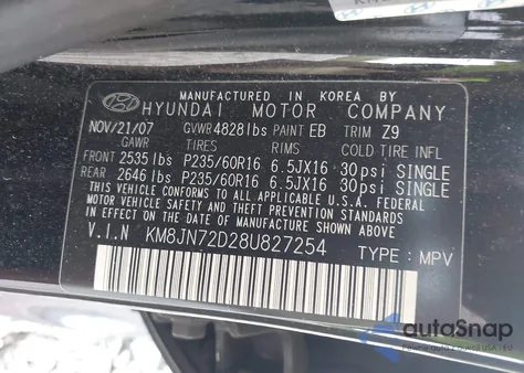 2008 Hyundai Tucson Limited V6/Se z USA, uszkodzony, nr VIN KM8JN72D28U827254